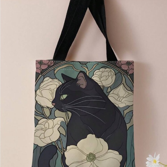 Accessories - Black Cat Floral Tote Bag